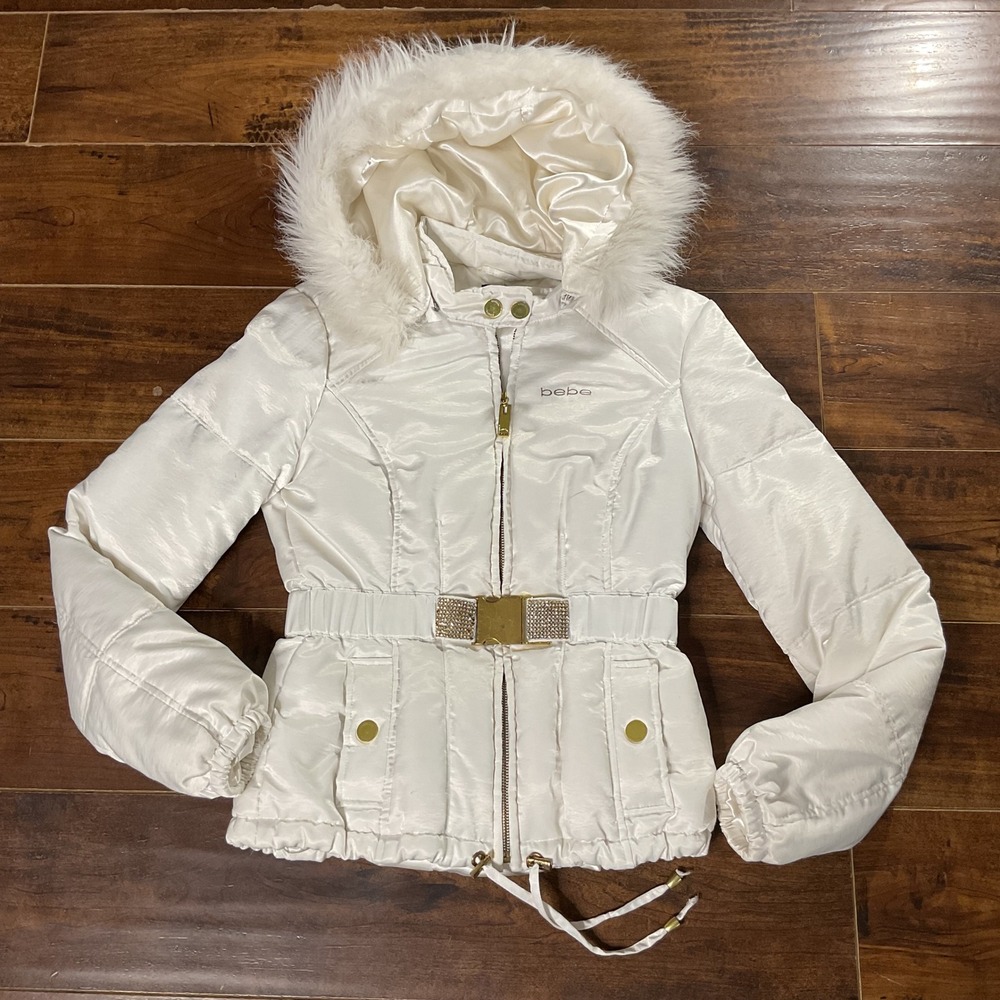 Bebe White Puffer Jacket Faux Fur Hood Rhinestone Belt Down Fill White Gold